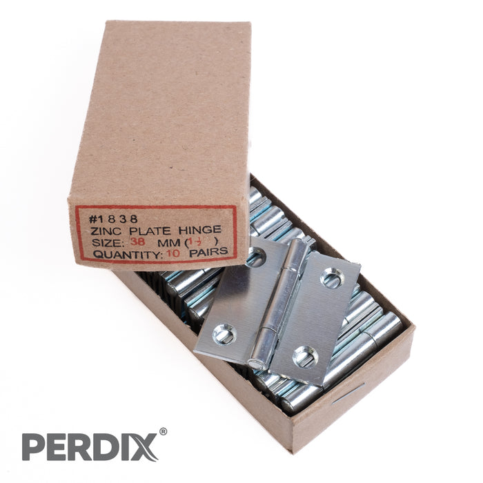 Box of zinc plate hinges with Perdix branding on a white background