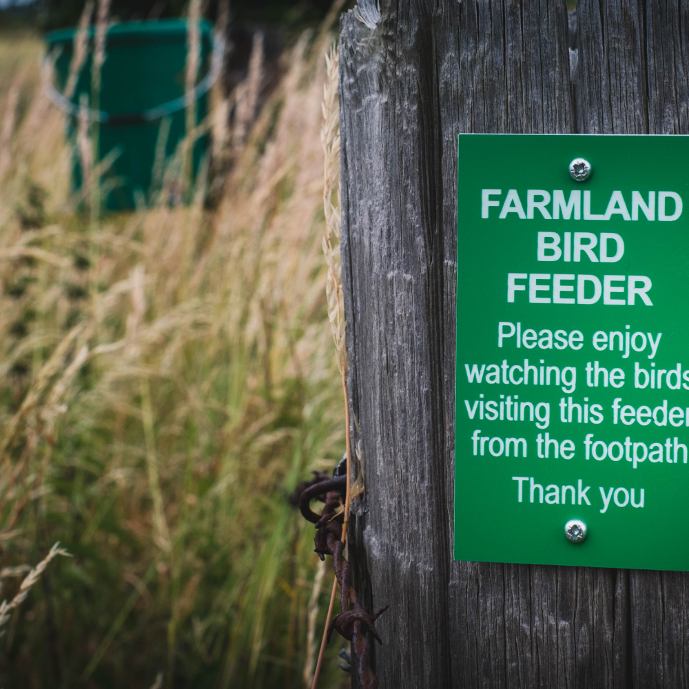 Signs to place near farmland bird feeders to provide general public with information about the importance of bird feeding during the hungry gap in winter. Signs also help prevent theft and vandalism of bird feeders.