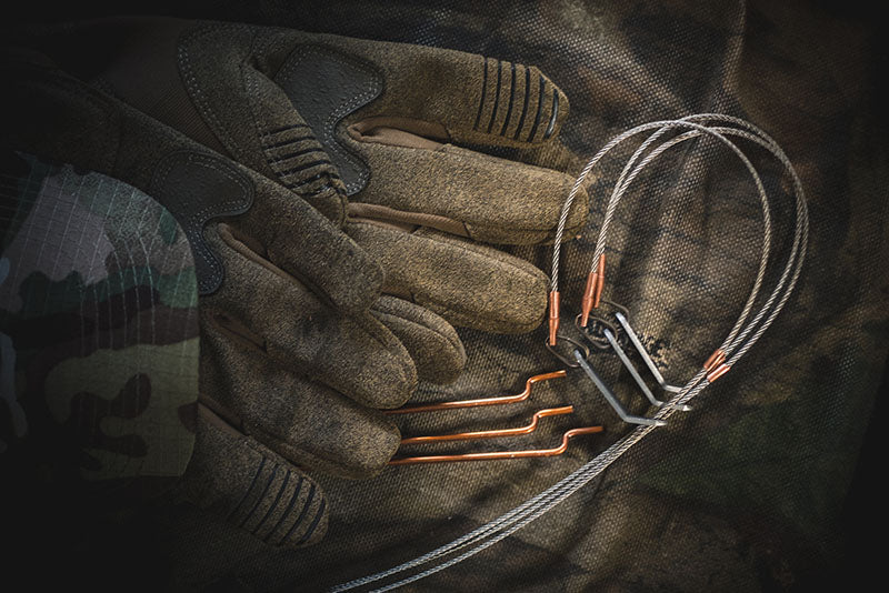Modern Code of Practice compliant snares, (cable restraints) with breakaways clips for non-target species. Designed by the Game & Wildlife Conservation Trust. 