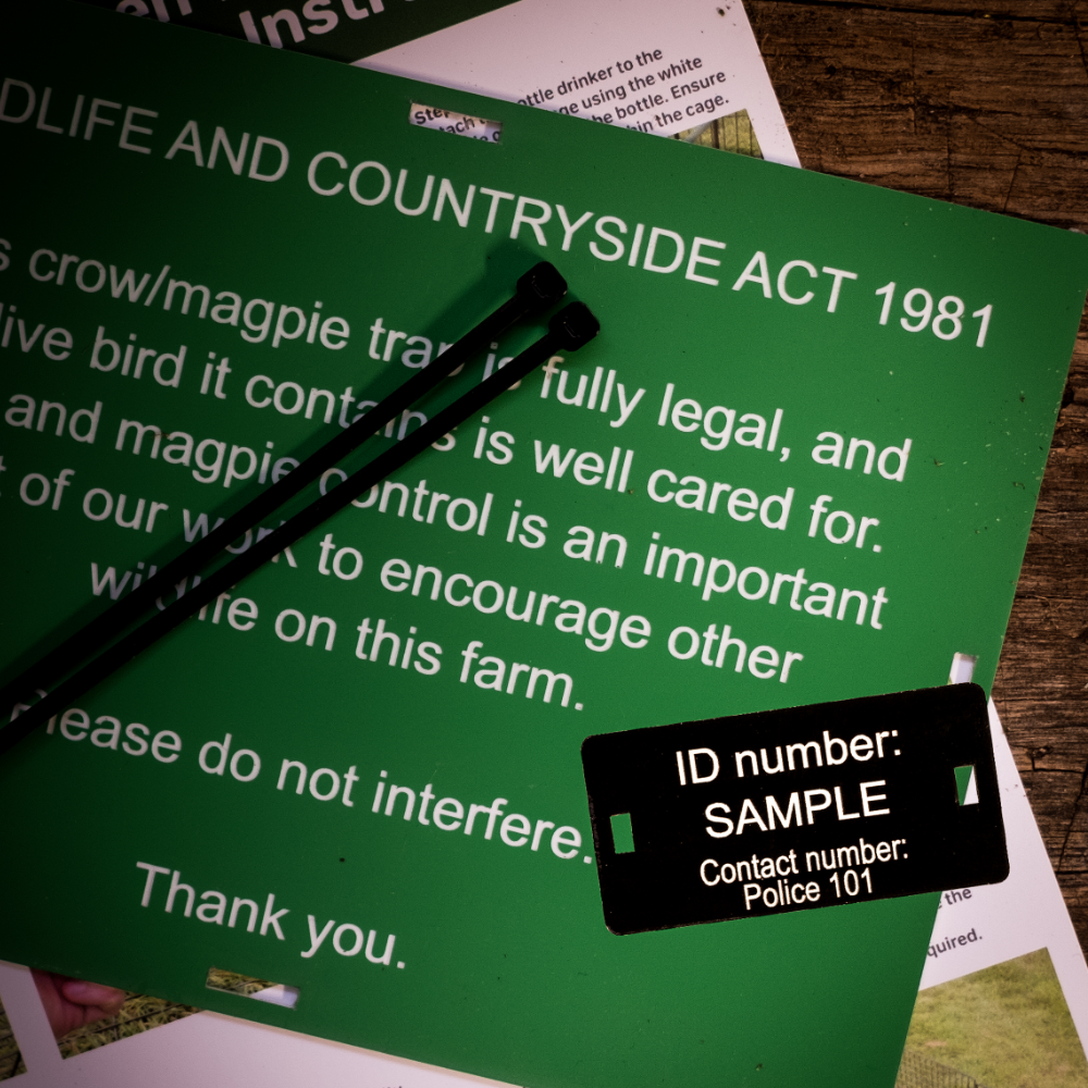 Signs for crow and magpie larsen and other cage traps. Help prevent vandalism to legal corvid traps.  