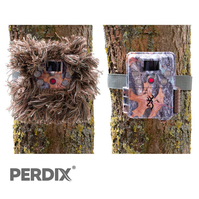 CAMBUSH 3D Trail Camera Concealmen tape. Browning Strikefore Trail Camera with and without CAMBUSH.   Installs in minutes. Will not rot, fade or mildew. Removable. Blends with a variety of environments. Withstands outdoor elements.