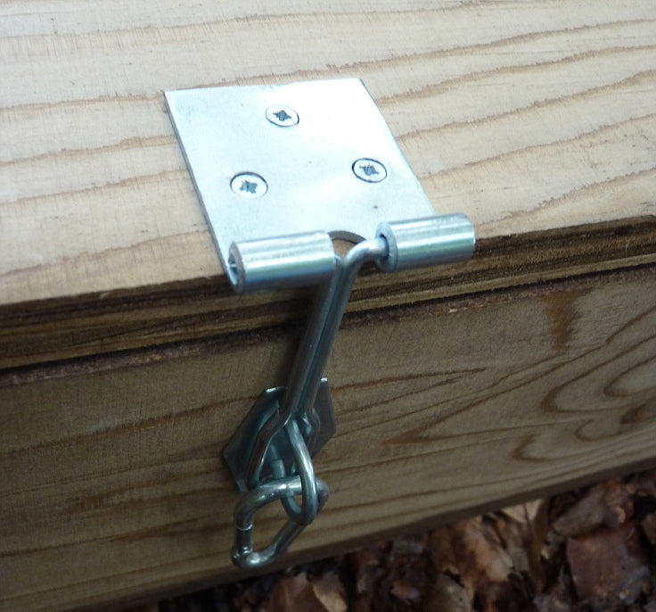 Heavy duty zinc plated hasp and staple on Perdix Squirrel Trapping Tunnel