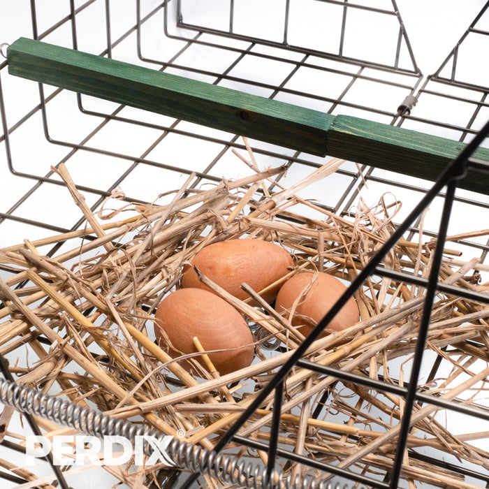Larsen Decoy Eggs. Trio of wooden dummy eggs designed to be used as a lure for capturing crows and magpies.  Each egg is fitted with a zinc placed eyelet that allows a carbine hook (supplied) to be passed through and then clipped to the bottom of the cage trap.
