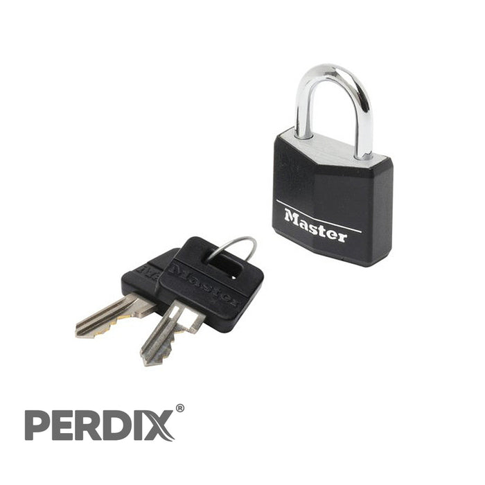 Master Lock Aluminium Padlock. Solid aluminium padlock with black vinyl sleeve - ideal for outdoor use. This lock features a double locking hardened steel shackle & is supplied with 2 keys.