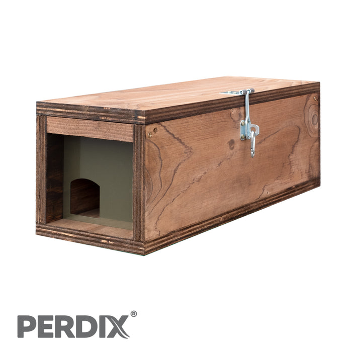 Perdix Spring Trap Wooden Tunnel. The PERDIX Spring Trap wooden tunnel is constructed from high quality 18mm plywood treated with a spirit based wood preservative to ensure long life in the field.