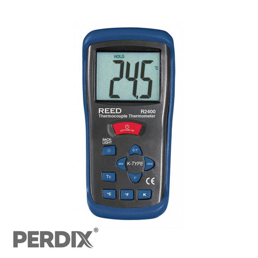 REED R2400 Type K Thermocouple Thermometer. Quick responding, displays temperature in Celsius, Fahrenheit and Kelvin.