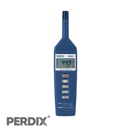 REED R6001 Thermo-Hygrometer. This portable thermo-hygrometer measures and displays ambient temperature and relative humidity simultaneously. The R6001 features Data hold, Min/Max and Relative functions.