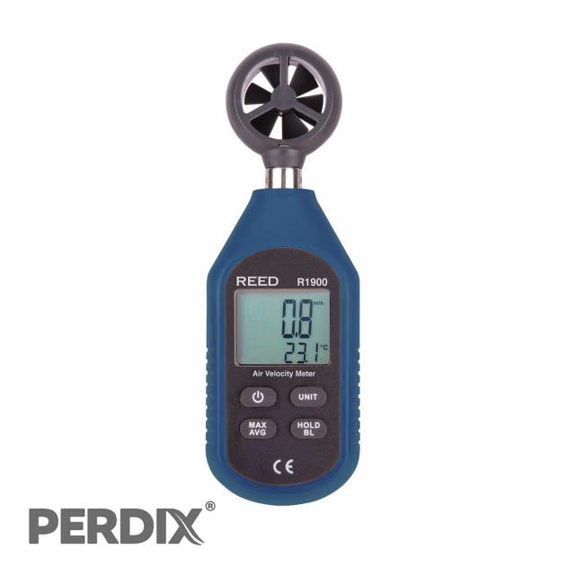 REED R1900 Air Velocity Meter, Compact Series. Dual LCD screen simultaneously displays air velocity and temperature.