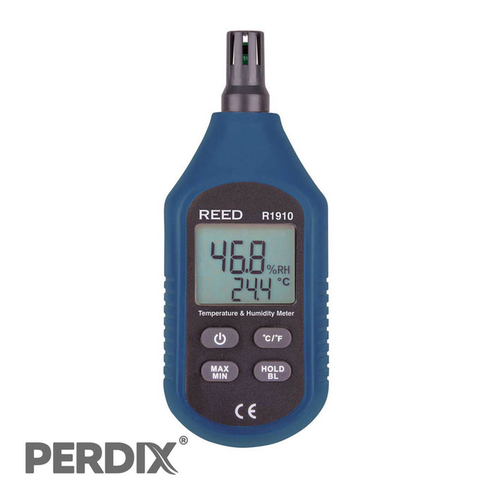 REED R1910 Temperature and Humidity Meter. Compact size, backlit dual LCD simultaneously displays temperature and humidity.