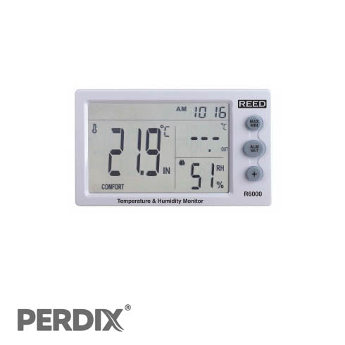 REED R6000 Temperature and Humidity Meter. Measures indoor/outdoor temperature and humidity, internal memory stores maximum and minimum temperature and humidity readings.