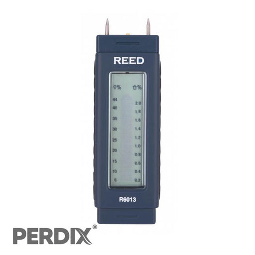 REED R6013 Pocket Size Moisture Detector. This compact moisture detector uses electrical resistance to measure the moisture content of sawn timber, cardboard paper, hardened materials like plaster, concrete and mortar.