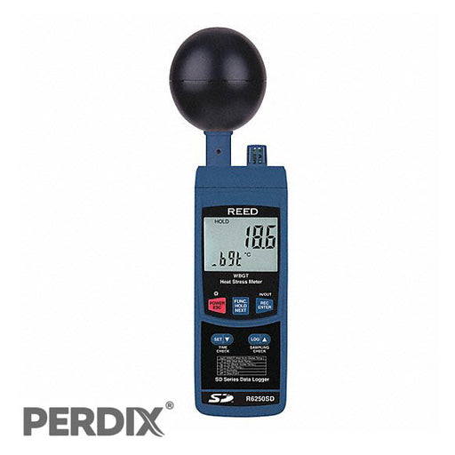 REED R6250SD Data Logging Heat Stress Meter. Real-time data logger with integrated SD memory card measures/records temperature, humidity, and direct or radiant sunlight with Wet Bulb Globe Temperature (WBGT). 