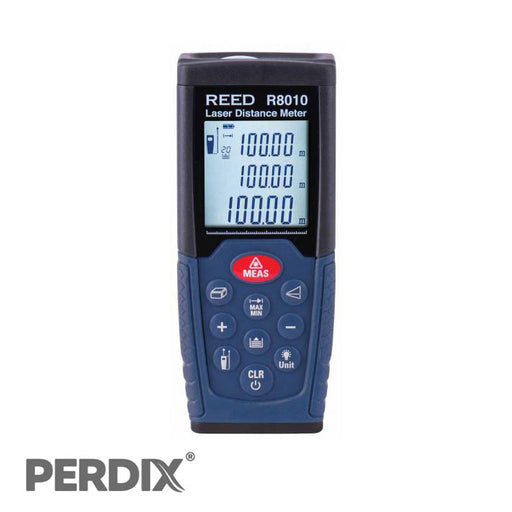 REED R8010 Laser Distance Meter, 328' (100m). This laser distance meter measures up to 328 feet (100 meters) and features a multi-line LCD display and the ability to calculate area, volume and sum of lengths. The R8010 is capable of retaining maximum and minimum readings and up to 20 measurements in memory.