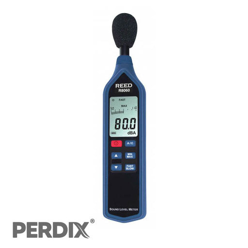 REED R8060 Sound Level Meter with Bargraph. Triple range type 2 sound level meter with LCD display, on-screen digital analogue bar graph and AC/DC output for connection to chart recorders and dataloggers.